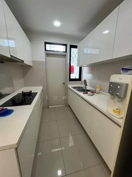 Kitchen features: white flat-panel cabinets, black countertop, stainless-steel sink, chrome pull-down faucet, 4-burner gas hob, built-in oven, water dispenser, tile backsplash, grey ceramic tile flooring, recessed ceiling lights, window with grid pattern, door to exterior; style: modern.