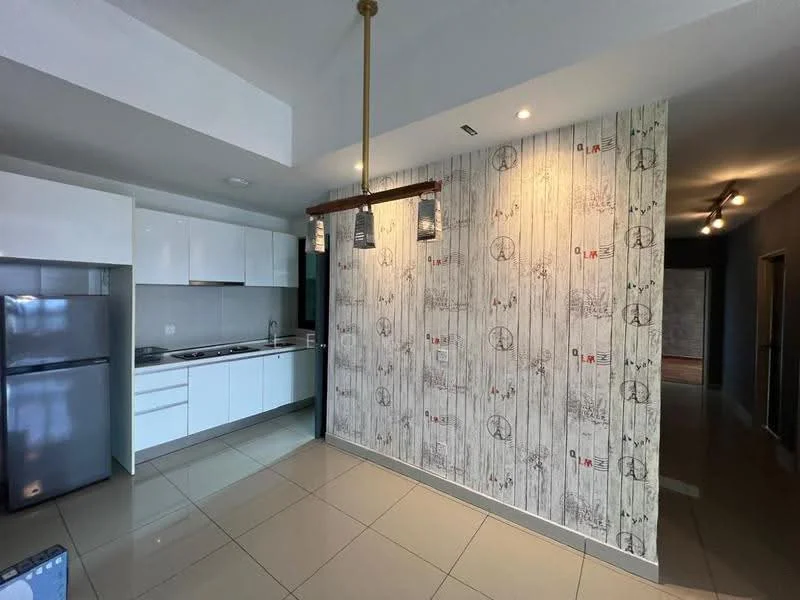 Kitchen features: white cabinetry, stainless-steel fridge, built-in oven, 4-burner gas hob, single-bowl stainless-steel sink, chrome pull-down faucet, white tiled backsplash, grey tiled flooring, pendant lighting, wood-patterned accent wall, open layout; style: modern.
