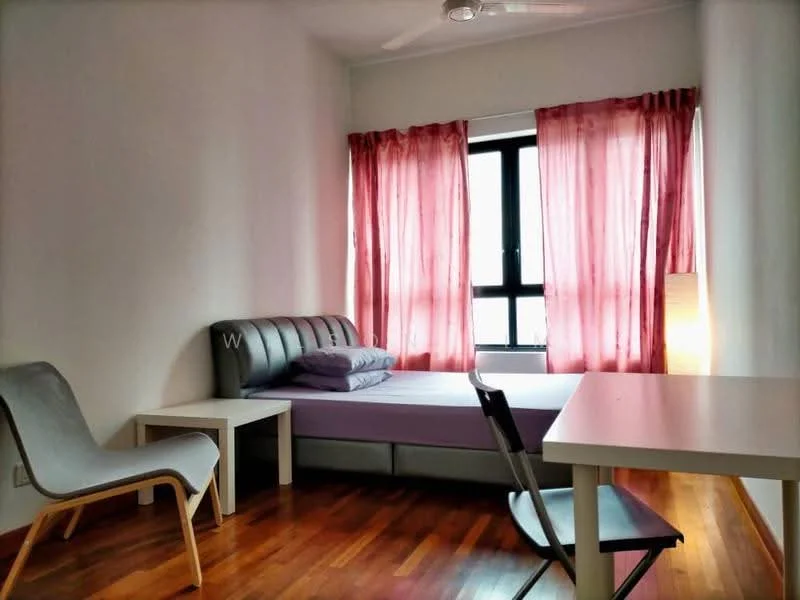 Bedroom features: queen-size bed, upholstered headboard, purple bed linens, wooden flooring, floor-to-ceiling window, sheer pink curtains, table lamp, study desk, chair, wall-mounted ceiling fan; style: modern; view: city.