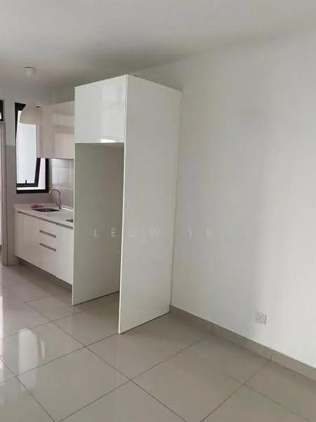 Kitchen features: white cabinetry, single-bowl stainless-steel sink, chrome pull-down faucet, white countertop, ceramic tile flooring, recessed downlights, open shelving, built-in cabinets; style: modern.