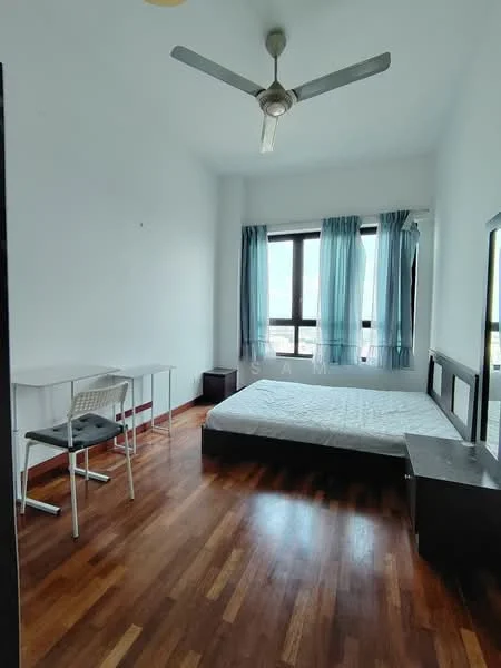 Bedroom features: wooden flooring, white painted walls, floor-to-ceiling windows, blue sheer curtains, ceiling fan, queen-size bed, study desk, chair, nightstand; style: modern; view: city.