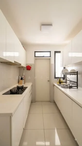 Kitchen features: white cabinetry, flat-panel cabinets, black countertop, built-in gas hob, stainless-steel sink, chrome pull-down faucet, white tiled backsplash, large window for natural light, neutral tile flooring, recessed ceiling lights, door leading to another room; style: modern.