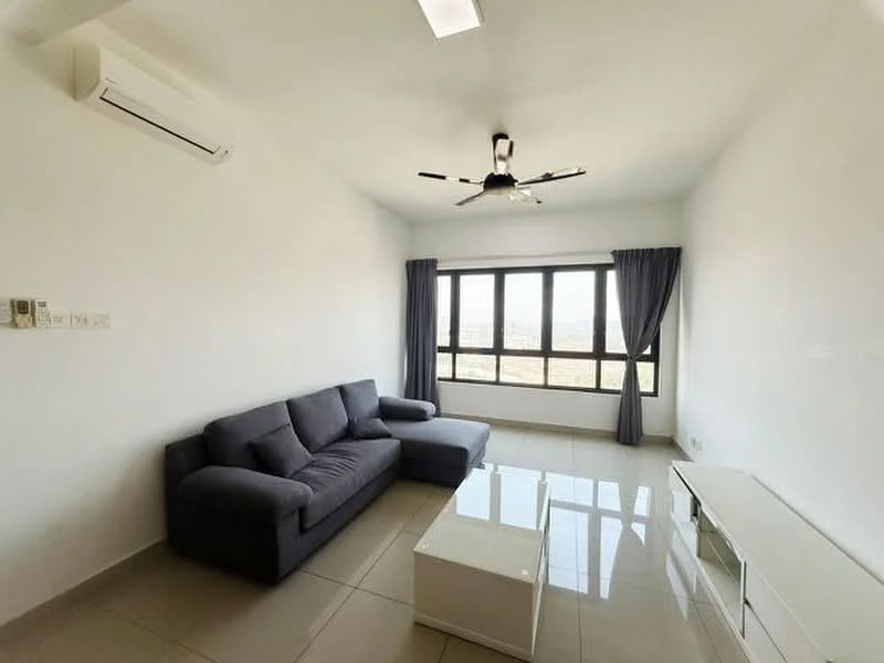 Living features: 3-seater fabric sofa in grey, L-shape sectional sofa, white coffee table, TV console, floor-to-ceiling windows, grey curtains, 5-blade ceiling fan with light, wall-mounted split AC, glossy tile flooring, white painted walls, recessed ceiling lights; style: modern; view: city.