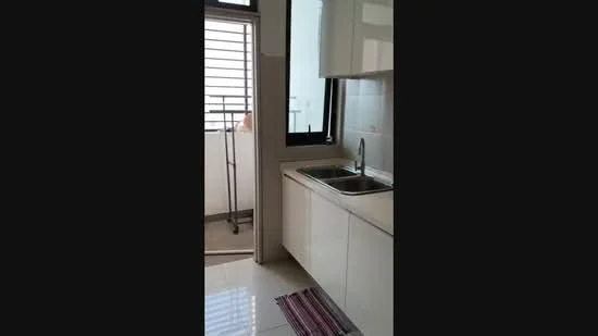 Kitchen features: double-bowl stainless-steel sink, chrome pull-down faucet, white cabinetry, light-colored countertop, ceramic tile flooring, window with horizontal slats, kitchen rug, open shelving, wall-mounted drying rack; style: modern; view: city.