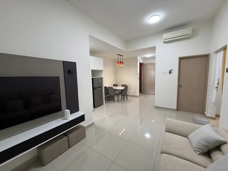 Living features: grey fabric sofa, flat-screen TV on wall-mounted console, white painted walls, glossy tile flooring, recessed ceiling lights, wall-mounted air conditioning unit, door leading to hallway, open layout to dining area; style: modern. Dining features: 4-seater dining table, black dining chairs, white cabinetry, refrigerator, pendant lighting above table; style: modern.