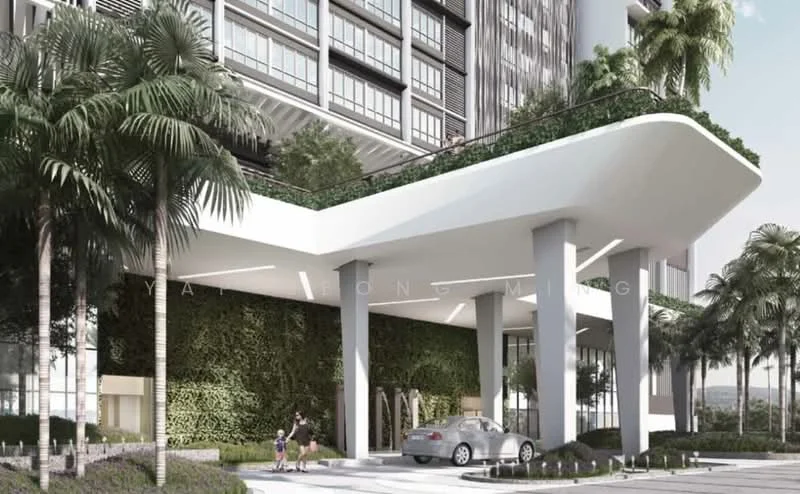 Exterior type: high-rise condominium; features: modern architectural design, white painted facade, greenery wall with plants, covered entrance with overhang, palm trees landscaping, driveway with interlocking pavers, glass curtain wall, lobby area visible, car porch with awning; style: modern.