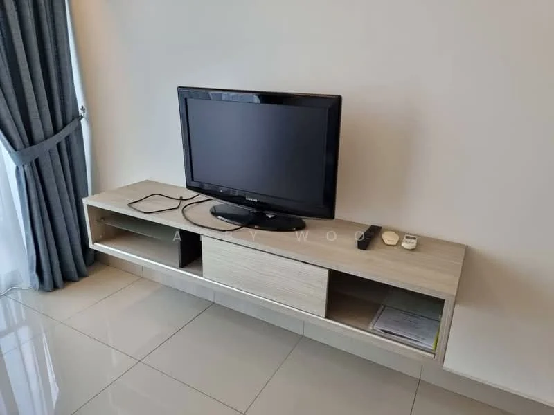 Living features: flat-screen TV on console, light wood TV console, grey curtains, white painted walls, glossy tile flooring, remote control, cable management, open shelving; style: modern.