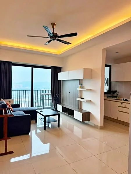 Living features: 5-blade ceiling fan with light, sofa in navy blue fabric, coffee table, TV console, wall-mounted TV, floor-to-ceiling windows, sliding glass door, curtains in dark grey, light-colored wall with built-in shelving, glossy tile flooring, recessed LED downlights, decorative wall lighting; style: modern; view: sea.