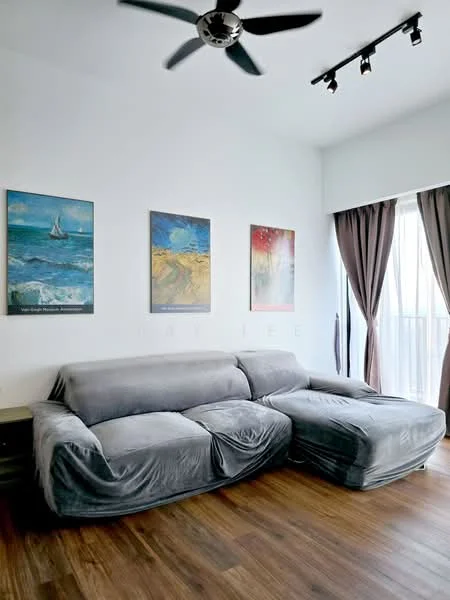 Living features: 3-seater fabric sofa in grey, ceiling fan, wooden flooring, floor-to-ceiling windows, sheer curtains, framed artwork, track lighting, decorative wall; style: modern.