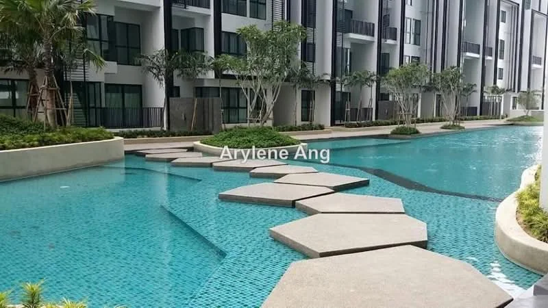 Exterior type: swimming pool deck; features: infinity pool, stepping stone pathway, landscaped garden, surrounding greenery, modern architecture, poolside loungers, water feature, paved walkway; style: modern.
