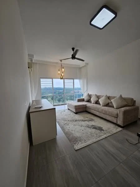 Living features: 3-seater fabric sofa in beige, coffee table, area rug with abstract pattern, floor-to-ceiling windows, curtains, ceiling fan with light, recessed ceiling light, TV console, decorative wall art, tile flooring; style: modern; view: garden.
