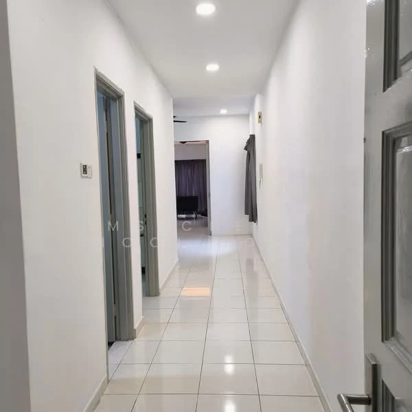 Hallway features: white painted walls, glossy white tile flooring, recessed LED downlights, door frames in light grey, two doors on the left, one door on the right, natural light from the end of the hallway, curtains visible at the end; style: modern.