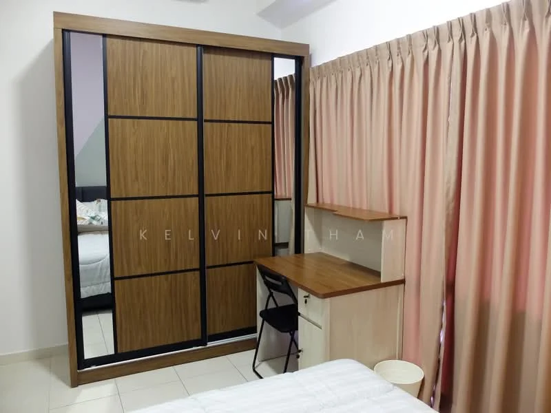 Bedroom features: queen-size bed, built-in wardrobe with sliding doors, wooden desk, black folding chair, cream curtains, white walls, tile flooring, decorative wall art; style: modern.