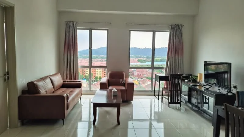 Living features: brown leather 3-seater sofa, wooden coffee table, wooden dining table with 4 chairs, flat-screen TV on console, floor-to-ceiling windows, sheer curtains, white painted walls, glossy tile flooring, mountain view, decorative wall clock; style: modern; view: mountain.