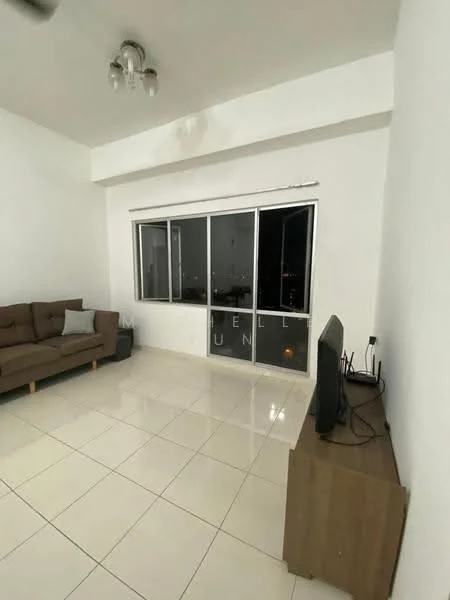 Living features: cream painted walls, white tiled flooring, 5-blade ceiling fan with light, large sliding glass door, floor-to-ceiling windows, brown fabric sofa, wooden TV console, wall-mounted TV; style: modern; view: city.