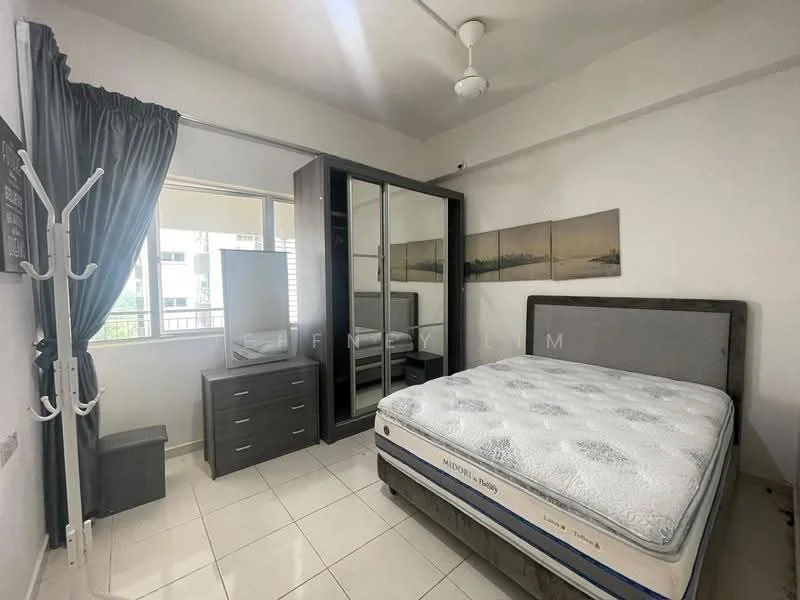 Bedroom features: queen-size bed, upholstered headboard, bedding on mattress, built-in wardrobe with sliding doors, full-length mirror, 2-piece artwork on wall, white painted walls, ceiling fan, window with sheer curtains, tile flooring, nightstand, coat rack; style: modern.