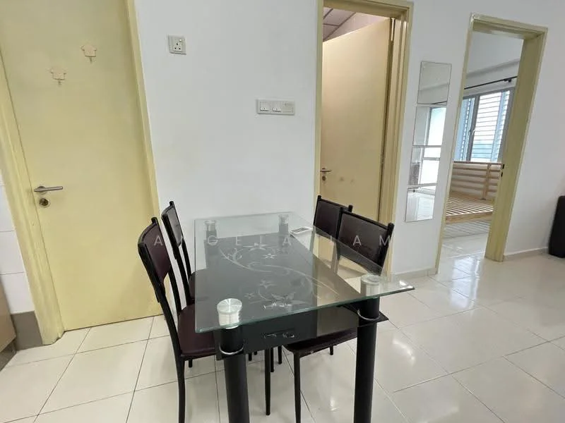 Dining features: glass dining table, 4 black dining chairs, white tiled flooring, white painted walls, doorway to adjacent rooms, light-colored door, wall-mounted hooks; style: modern.