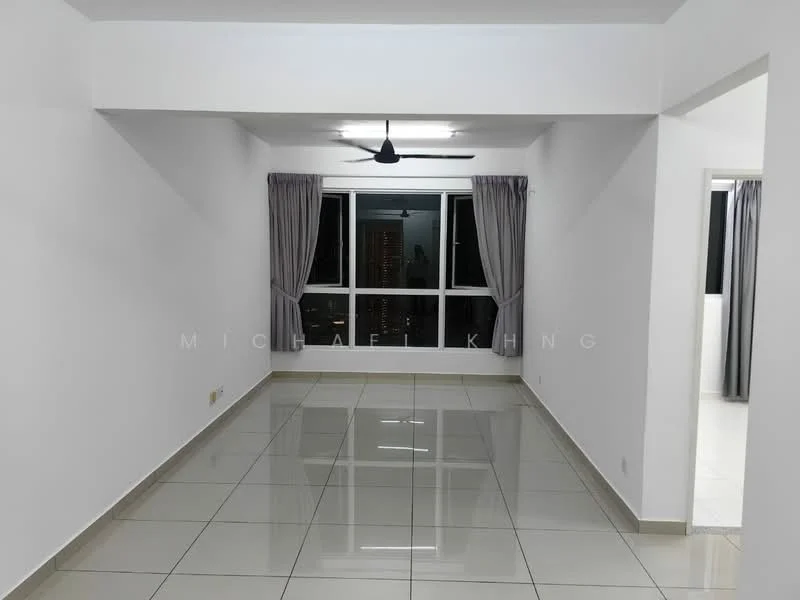 Living features: white painted walls, glossy ceramic tile flooring, 5-blade ceiling fan with light, floor-to-ceiling windows, sheer curtains, grey curtains, recessed lighting, open layout; style: modern; view: city.