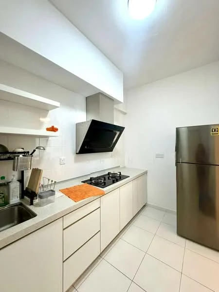 Kitchen features: white cabinetry, grey countertop, stainless-steel sink, chrome pull-down faucet, built-in gas hob, stainless-steel range hood, stainless-steel fridge, open shelving, white tiled walls, white tiled flooring, orange kitchen towel; style: modern.