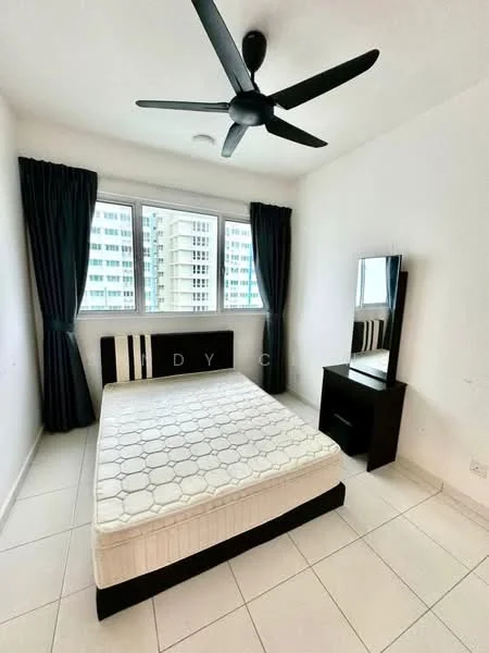 Bedroom features: queen-size bed, black wooden bed frame, black bedside table, mirror on bedside table, floor-to-ceiling windows, black curtains, white painted walls, tile flooring, 5-blade ceiling fan with light; style: modern; view: city.