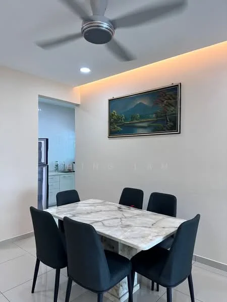 Dining features: marble dining table, 6-seater dining table, upholstered dining chairs in black, white painted walls, recessed lighting, ceiling fan, framed artwork on wall, tile flooring; style: modern.