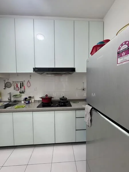 Kitchen features: light green cabinetry, stainless-steel fridge, built-in oven, 4-burner gas hob, black range hood, grey countertop, white tiled backsplash, white tiled flooring, sink with faucet, kitchen utensils, cooking pot, wall-mounted storage, hanging hooks for utensils; style: modern.