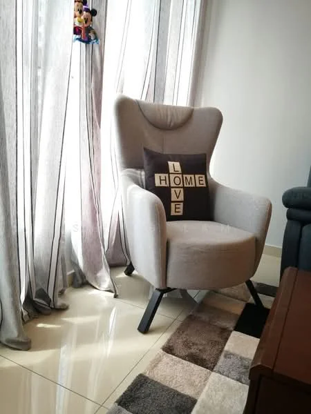 Room features: grey upholstered armchair, decorative cushion with 'HOME' and 'LOVE' text, floor-to-ceiling windows, sheer curtains, polished ceramic tile flooring, area rug with geometric pattern, wooden coffee table, grey fabric sofa; style: modern.