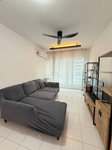 Living features: L-shape sectional sofa in grey, 5-blade ceiling fan with light, floor-to-ceiling windows, sheer curtains, wall-mounted TV, TV console, wooden storage cabinet, white painted walls, tile flooring; style: modern; view: city.