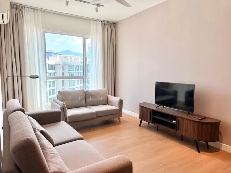 Living features: 2-seater fabric sofa in light grey, 3-seater fabric sofa in light grey, wooden TV console, wall-mounted TV, floor-to-ceiling windows, sheer curtains, light wood flooring, ceiling fan, decorative wall with neutral paint, area rug; style: modern; view: mountain.