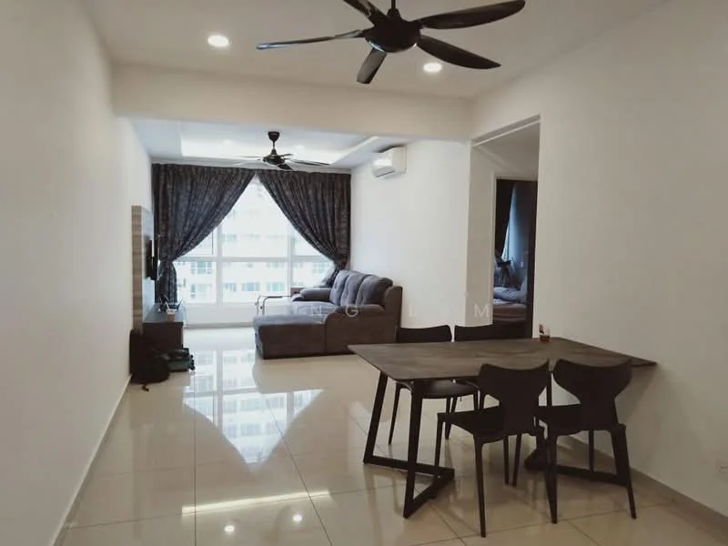 Living features: 3-seater fabric sofa in grey, coffee table, wall-mounted TV, ceiling fan with light, recessed downlights, floor-to-ceiling windows, curtains, glossy tile flooring, dining table for 4, 4 dining chairs; style: modern; view: city.