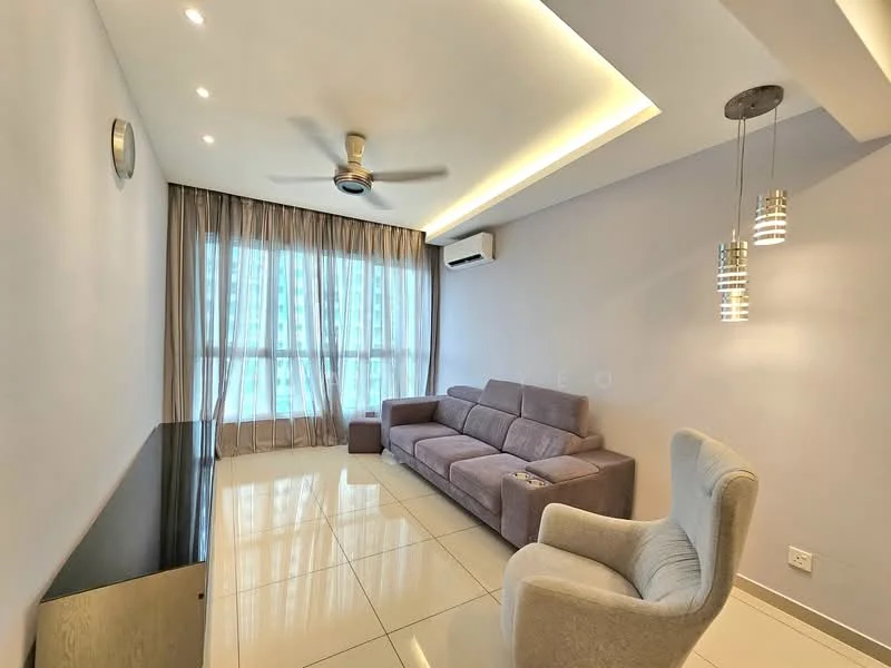 Living features: 3-seater fabric sofa in grey, single armchair in light fabric, flat-screen TV on wall-mounted console, floor-to-ceiling windows with sheer curtains, recessed LED downlights, 5-blade ceiling fan with light, glossy white tile flooring, decorative pendant lights; style: modern; view: city.