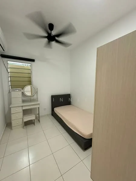 Bedroom features: single bed, upholstered bed frame, ceiling fan, built-in wardrobe, study desk with mirror, white painted walls, tile flooring, window with blinds; style: modern.