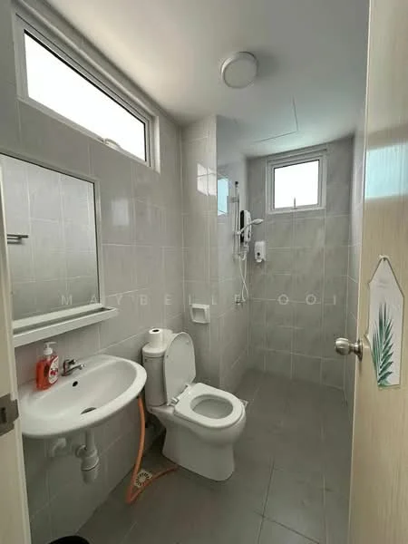 Bathroom features: white tiled walls, grey tiled flooring, single-sink vanity with wall-mounted mirror, chrome basin mixer faucet, one-piece toilet, handheld shower, shower wall with glass partition, two small windows for natural light, ceiling light fixture; style: modern.