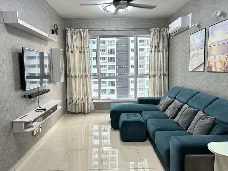 Living features: 3-seater fabric sofa in teal, ottoman in teal, wall-mounted TV, white TV console, recessed downlights, ceiling fan, floor-to-ceiling windows, sheer curtains, grey wallpaper, glossy tile flooring, framed artwork on walls; style: modern; view: city.