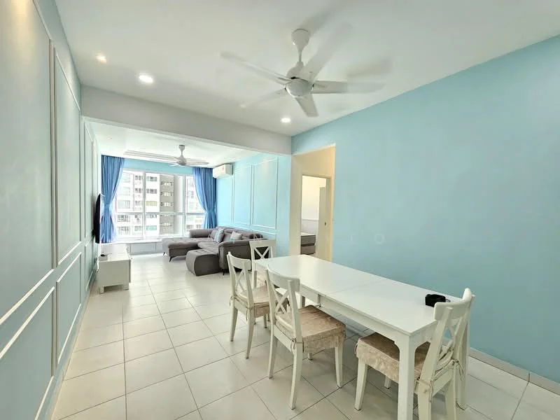 Living features: light blue painted walls, white tiled flooring, 5-blade ceiling fan with light, sofa in grey, white dining table, 4 white dining chairs, floor-to-ceiling windows, curtains in blue, TV console, wall-mounted TV, decorative wall paneling; style: modern; view: city.