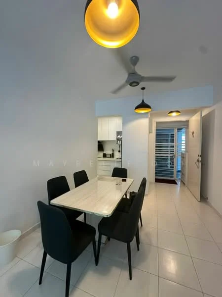 Dining features: rectangular dining table with marble top, 6 black upholstered dining chairs, pendant lighting with yellow shades, ceiling fan, white walls, tile flooring, open layout to kitchen, door leading to hallway; style: modern.
