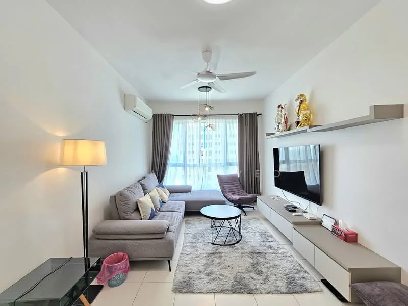 Living features: 3-seater fabric sofa in grey, L-shape sectional sofa, coffee table with metal base, wall-mounted TV, TV console with storage, area rug with geometric pattern, floor lamp, ceiling fan with light, air conditioning unit, curtains, large window with city view; style: modern; view: city.
