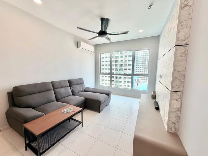 Living features: L-shape sectional sofa in grey, wood coffee table, wall-mounted TV, TV console, white painted walls, ceiling fan, large windows with city view, tile flooring; style: modern; view: city.