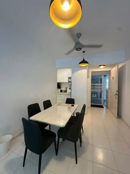 Dining features: white marble dining table, 6 upholstered dining chairs in black, pendant lighting fixtures, ceiling fan, white painted walls, tile flooring, open layout to kitchen, doorway leading to hallway; style: modern.