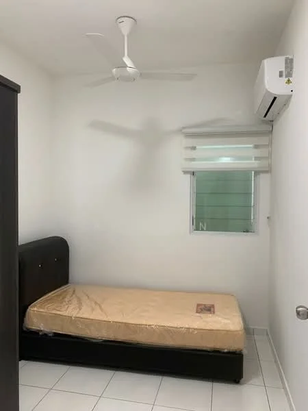 Bedroom features: single bed, mattress, ceiling fan, wall-mounted split AC, white painted walls, white tile flooring, window with blinds, built-in wardrobe; style: modern.