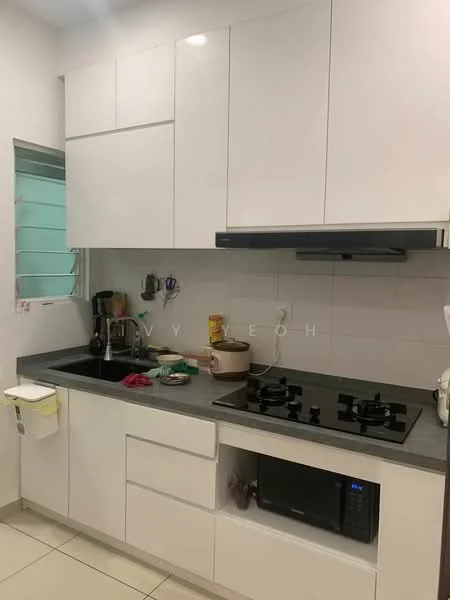 Kitchen features: white flat-panel cabinets, grey countertop, stainless-steel sink, chrome pull-down faucet, 4-burner gas hob, built-in oven, microwave, wall-mounted range hood, tile backsplash, ceramic tile flooring, window with horizontal slats, coffee maker, kettle, cooking pot, dish drying rack; style: modern.
