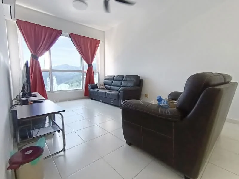 Living features: floor-to-ceiling windows, red curtains, 2-seater leather sofa, 3-seater fabric sofa in black, TV console, wall-mounted TV, ceiling fan, white painted walls, tile flooring; style: modern; view: mountain.