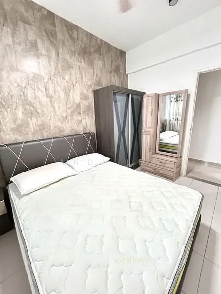 Bedroom features: queen-size bed with mattress, upholstered headboard, wooden wardrobe with sliding doors, wooden dresser with mirror, cream walls with textured accent wall, tile flooring, curtains, decorative wall art; style: modern.