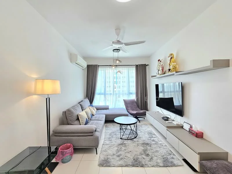 Living features: 3-seater fabric sofa in grey, L-shape sectional sofa, coffee table with black metal base, wall-mounted TV, TV console with storage, area rug with soft texture, floor lamp, ceiling fan with light, curtains in neutral color, decorative figurines on shelf, air conditioning unit, large window with city view; style: modern; view: city.