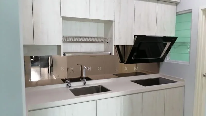 Kitchen features: white laminate cabinetry, double-bowl stainless-steel sink, chrome pull-down faucet, mirrored backsplash, built-in range hood, solid surface countertop, open shelving, undermount lighting; style: modern.