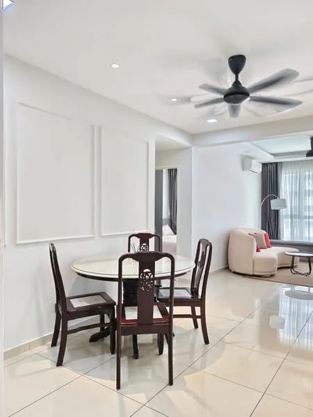 Dining features: round dining table with glass top, 4 wooden dining chairs, white painted walls, recessed downlights, 5-blade ceiling fan, tile flooring, curtains, open layout to living area; style: modern. Living features: sofa in light color, coffee table, TV console, floor-to-ceiling windows, curtains, tile flooring; style: modern.