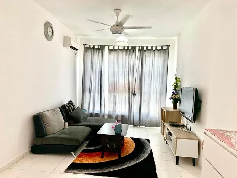 Living features: 3-seater fabric sofa in grey, coffee table, wall-mounted TV, TV console, area rug with geometric pattern, 5-blade ceiling fan with light, floor-to-ceiling windows with sheer curtains, white painted walls, tile flooring, air conditioning unit; style: modern.