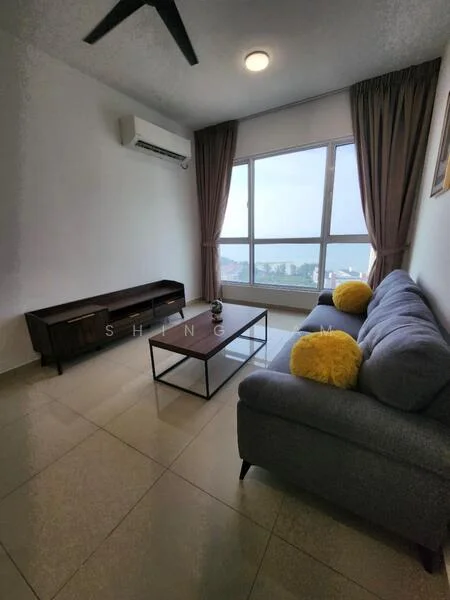 Living features: grey fabric sofa, coffee table with metal frame, floor-to-ceiling windows, curtains in beige, wall-mounted air conditioning unit, light fixture in ceiling, polished tile flooring, decorative wall art; style: modern; view: city.