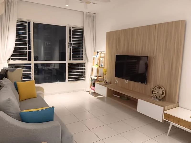 Living features: grey fabric sofa, yellow accent cushions, wooden feature wall, wall-mounted TV, white low-profile TV console, large windows with horizontal grilles, white curtains, light-colored tiled flooring, decorative wall clock, shelving unit, ceiling fan; style: modern.