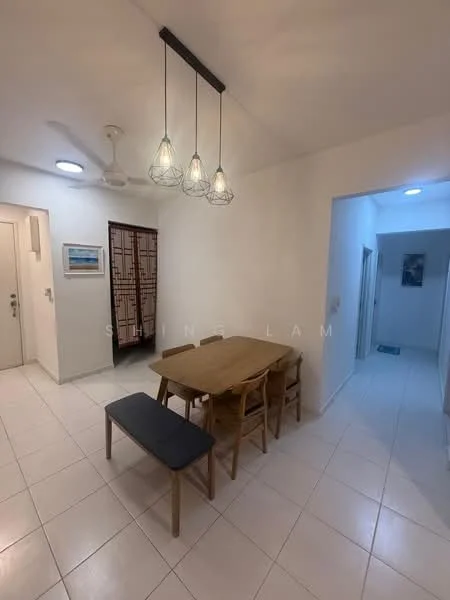 Dining features: rectangular wooden dining table, 4 wooden dining chairs, bench seating, pendant lighting with three bulbs, white tiled flooring, white painted walls, ceiling fan, wall art, decorative room divider, doorway leading to hallway; style: modern. Hallway features: white painted walls, white tiled flooring, doorway leading to other rooms, soft lighting, decorative wall art; style: modern.